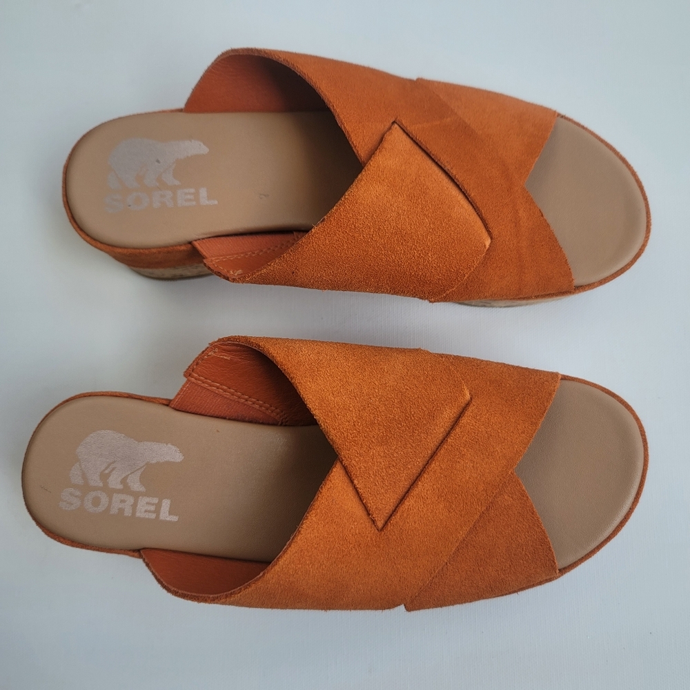 Sorel Cameron Desert Sun Gum Suede Boho Criss Cross Flatform Mule Sandal Sz 6 - Picture 9 of 17